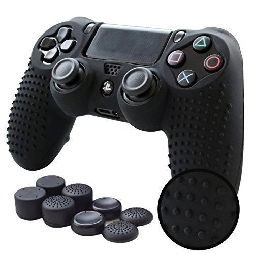 Pandaren PS4 Controller Grip,Studded Anti-Slip PS4 Controller Cover Silicone Skin for PS4 /Slim/PRO Controller(Black Controller Skin x 1 + FPS PRO Thumb Grips x 8)
