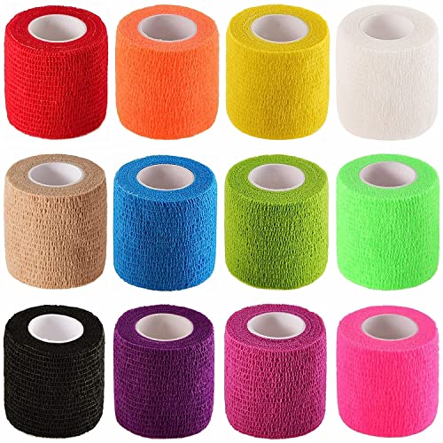 12 Pack 2' x 5 Yards Self Adhesive Elastic Bandage Wrap Stretch Self-Adherent Tape for First Aid,Sports, Wrist, Ankle (12 Colors)