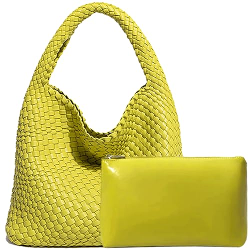 JINMANXUE Women Vegan Leather Hand-Woven Tote Handbag Fashion Shoulder Top-handle Bag All-Match Underarm Bag with Purse (Lemon yellow)