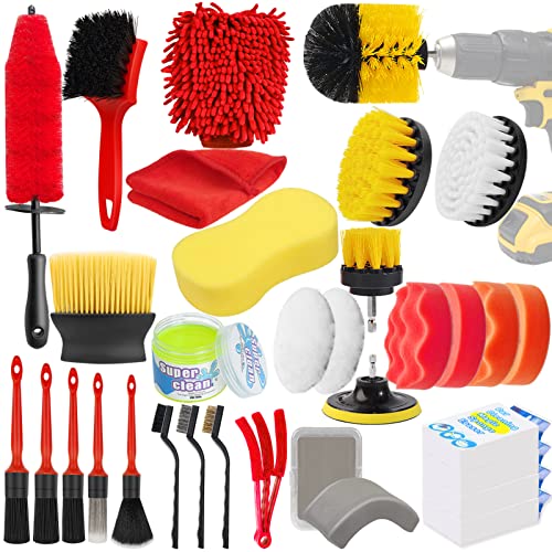 Jaronx 32PCS Car Detailing Brush Kit, Exterior/Interior Detail Kit Car Detailing Set, Auto Car Cleaning Kit (Wheel Tire Brush,Rim Brush,Drill Brush,Clay Bar,Wash Mit,Magic Spone,Drill Polishing Pads)
