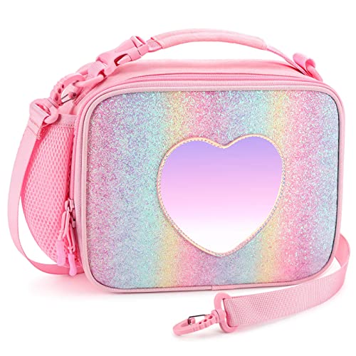 mibasies Girls Lunch Bag for Kids Insulated Lunch Box with Shoulder Strap and Bottle Holder, Glitter Rainbow