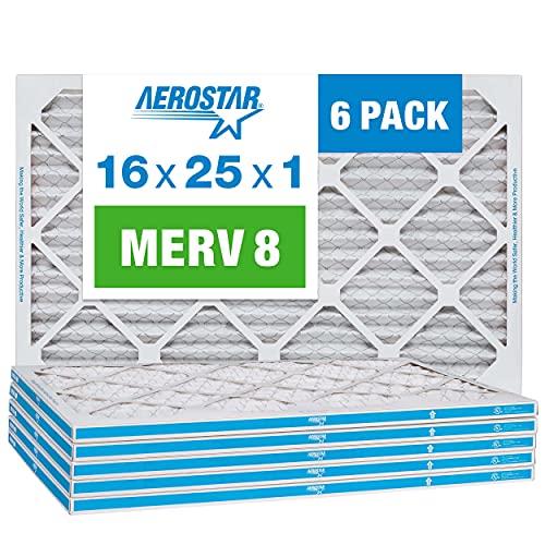 Aerostar 16x25x1 MERV 8 Pleated Air Filter, AC Furnace Air Filter, 6 Pack (Actual Size: 15 3/4'x 24 3/4' x 3/4'), White