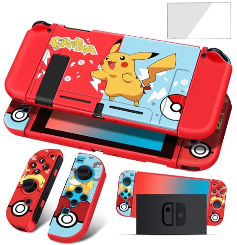 oqpa for Nintendo Switch Case Cute Kawaii Cartoon Design Cover, Fun Funny Fashion Switch Game Shell for Girls Kids Women Screen Protector Glass + TPU Soft Cases for Nintendo Switch (Red Blue)