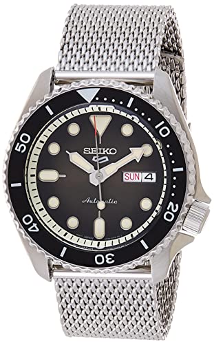 SEIKO SRPD73 Watch for Men - 5 Sports - Automatic with Manual Winding Movement, Black Dial with Black Bezel, Stainless Steel Case and Mesh Bracelet, 100m Water-Resistant, and Day/Date Display