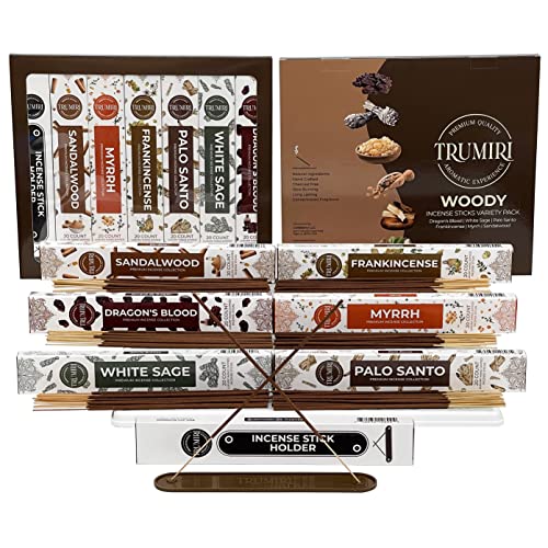 Woody Incense Sticks Variety Pack - 120 Insence-Sticks (6 Incents x 20 Insense) - White Sage Palo Santo Dragons Blood Sandalwood - Natural Inscents-Sticks Non Toxic Incienso + Incense Holder