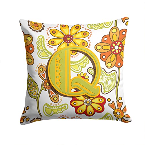 Caroline's Treasures CJ2003-QPW1414 Letter Q Floral Mustard and Green Fabric Decorative Pillow 100% Machine Washable Pillow, Indoor or Outdoor Decorative Throw Pillow for Couch, Bed or Patio