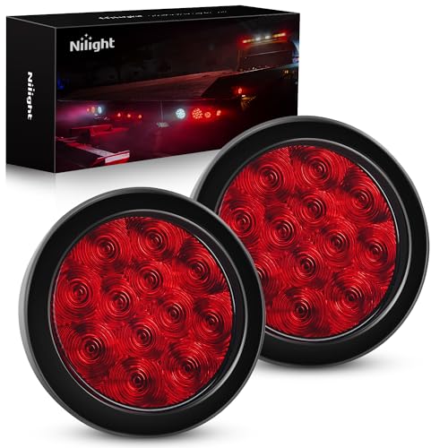 Nilight - TL-18 2PCS 4' Round Red LED Trailer Tail Lights w/Surface Mount Grommet Plugs IP67 Stop Brake Turn Tail Lights for Truck Trailer RV Jeep, 2 Years Warranty