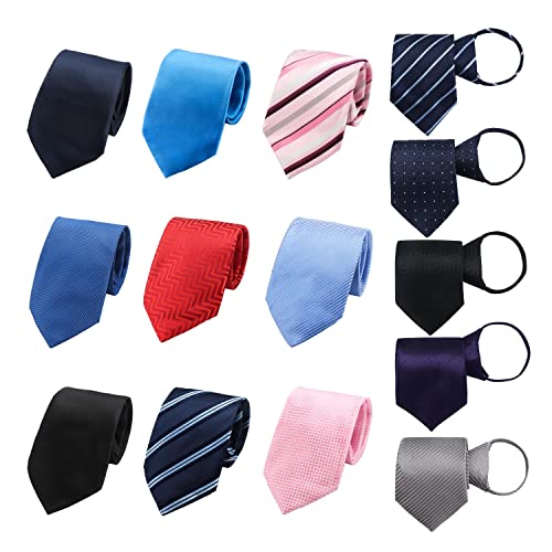 Segarty Zipper Ties for Men, 14PCS 18' Normal Skinny Easy Tie, Solid Silk Mens Pre Tied Necktie Set