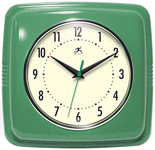 Infinity Instruments Retro Wall Clock - 9 Inch Square Clock - Silent Non-Ticking Mid Century Modern - Kitchen Clock Office Clock Diner Wall Clock - Vintage Wall Clock Decorative - Green