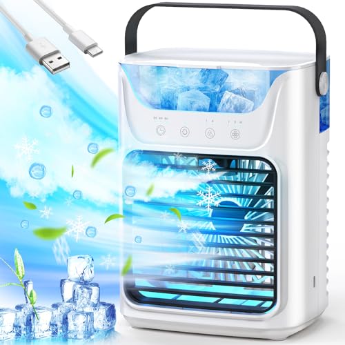 Portable Air Conditioners, 650 ML Evaporative Mini Air Conditioner with 7 Colors Light, 3 Speeds Personal Air Conditioner with 2 Humidifier, 2-4-6H Timer Portable AC Air Cooler for Room Bedroom Office