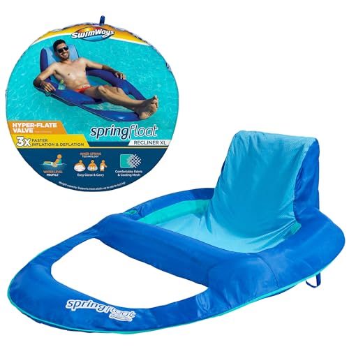 SwimWays Spring Float XL Recliner Chair for Swimming Pool, Inflatable Pool Floats Adult with Fast Inflation, Cup Holder & Foot Rest, Supports Up to 300 lbs, Blue