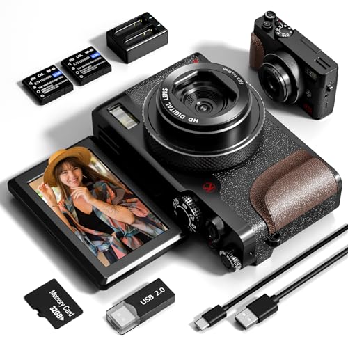 Digital Camera, 56MP Cameras for Photography, 4K Vlogging Camera for YouTube, 180°Flip Screen Digital Point and Shoot Camera with 16X Zoom, Compact Camera for Beginner with 32GB SD Card(2 Batteries)