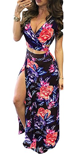 Aro Lora Women's Sexy V Neck Floral Printed Side Slit Two-Piece Maxi Dress Small Blue