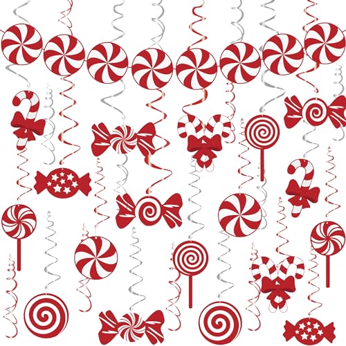 Christmas Candy Hanging Swirls Peppermint Banner Set - 30Pcs Xmas Candy Theme Decorations Ceiling Streamers for Home Party Office Decor Supplies