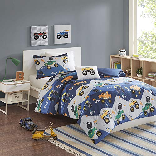 Mi Zone Kids Queen Comforter Set for Boys 4 Piece Monster Truck Comforter Set, Queen Bedding Set, Teen Microfiber Bed Set, Matching Shams, Embroidered Truck Throw Pillow, Full/Queen, Blue