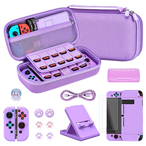 Younik Switch Carrying Case, 16 in 1 Switch Case Accessories Purple for Switch Original Model Includes Switch Travel Case Girls, Protective Case Cover, Screen Protector, Switch Game Case and More