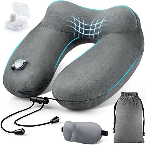 urophylla Inflatable Travel Pillows for Airplane, 100% Soft Velvet Inflatable Neck Pillow with 3D Contoured Eye Masks, Blow Up Pillow for Traveling, Trains, Cars, Travel Accessories, Large(Grey)