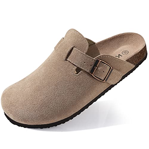 KIDMI Women's Suede Clogs Leather Mules Cork Footbed Sandals Potato Shoes with Arch Support Taupe 39 (Size 7.5-8)