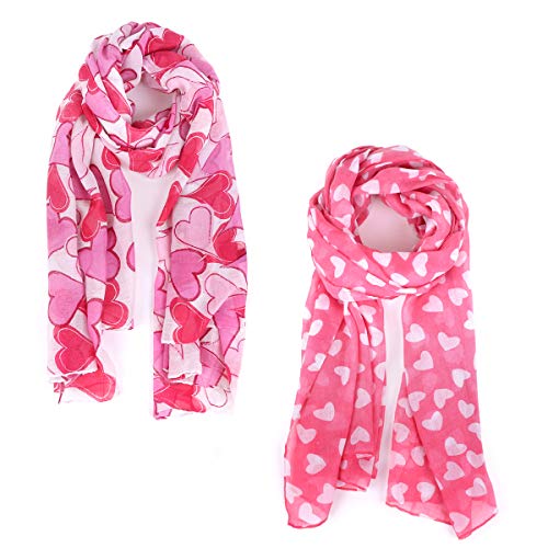 Nollia [2-Pack Soft Women's Scarves with Love Hearts - Pink & Red Heart Scarf for Woman - Gift Set