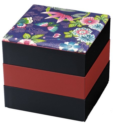 Japanese Lacquer Three Tiers Stack 'Jubako' Bento Box with Flower Design, 6.50 Inches (Wide) x 6.25 Inches (High)