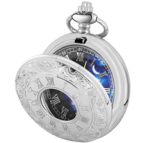 Tiong Vintage Pocket Watch Roman Numerals Scale Blue Starry Night Moon Dial Christmas Graduation Birthday Gifts Fathers Day(Silver)