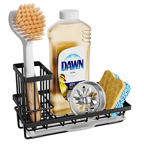 SWTYMIKI Sink Caddy Sponge Holder - Kitchen Sink Organizer with High Brush Holder for Countertop by the Sink Holding Dish Soaps and Sponges, Stainless Steel, Black