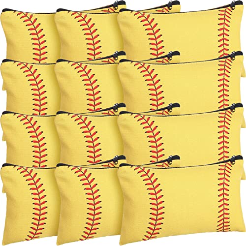 20 Pcs Sport Makeup Bag Sport Cosmetic Bag Canvas Gifts Softball Volleyball Football Baseball Accessories for Girls Toiletry Pouch with Zipper for Women Team Party Favors (Softball, 8 x 5 Inch)