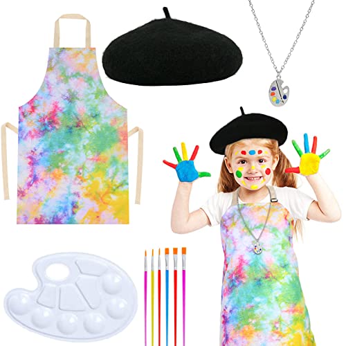 Matiniy 6 Pcs Artist Costume Accessories Set Black Beret Hat,Colorful Footprint Apron,Painting Brush and Drawing Board Set (Tie-dye)