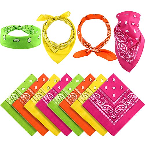 Blulu 12 Pieces Paisley Bandanas Cowboy Bandanas Unisex Print Head Wrap Scarf Wristband(Orange, Yellow, Green, Rose red)