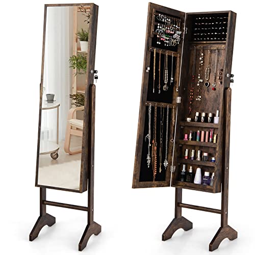 CHARMAID Jewelry Organizer with Full Length Mirror, Standing Jewelry Armoire Cabinet with Lockable Door and 2 Keys, Stand up Jewelry Box, Mirror with Jewelry Storage (Rustic Brown)