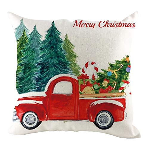 Merry Christmas Decor Retro Red Truck with Trees Farmhouse Decoration Gift Linen Home Throw Pillow Case Cushion Cover for Sofa Couch