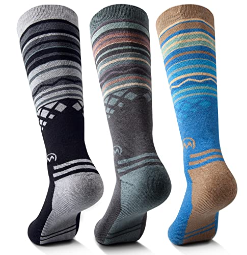 OutdoorMaster Ski Socks 3-Pack Merino Wool, Over The Calf Non-Slip Cuff for Men & Women, Black Blue Grey, M