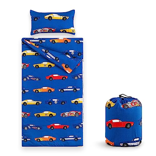 Wake In Cloud - Sleeping Bag for Kids Toddlers Boys, Portable Compact Lightweight Backpacking Nap Mat with Pillow and Blanket, Blue with Sports Race Cars, 55' x 30'