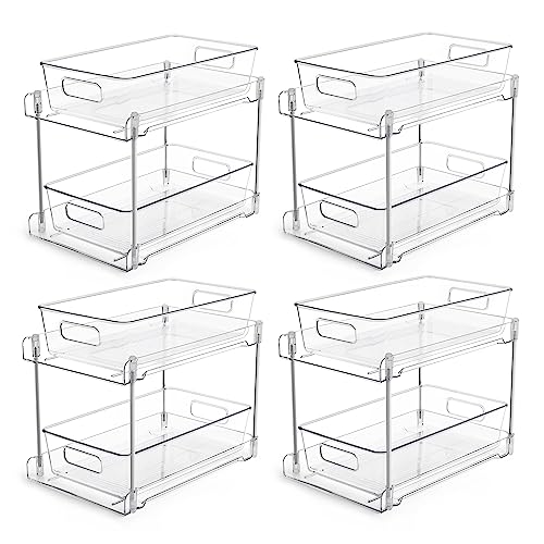Vtopmart 2 Tier Bathroom Storage Organizer, 4 Pack Clear Under Sink Organizers Vanity Counter Storage Container, Medicine Cabinet Drawers Bins, Pull-Out Organization with Track for Pantry, Kitchen