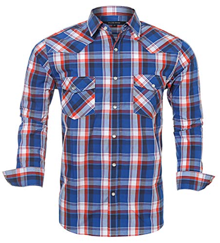 Western Shirts for Men with Snap Buttons Regular Fit Plaid Mens Long Sleeve Shirts Casual,Red Blue 011, Large