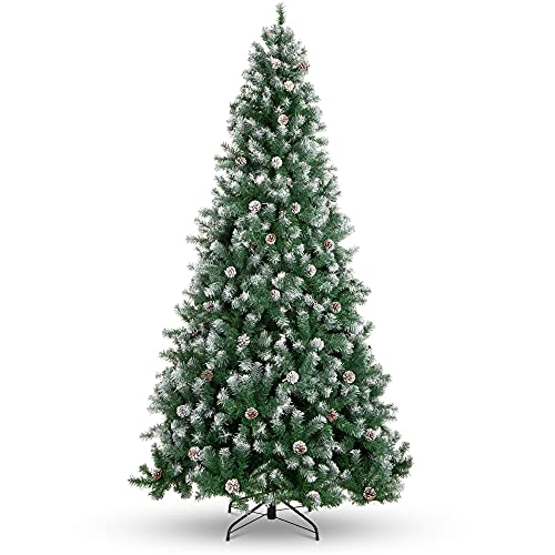 Best Choice Products 7.5ft Pre-Decorated Holiday Christmas Tree for Home, Office, Party Decoration w/ 1,346 PVC Branch Tips, Partially Flocked Design, Pine Cones, Metal Hinges & Base - Green/White