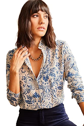 Blouses for Women Fashion, Casual Long Sleeve Button Down Shirts Tops (Blue Print, XX-Large)