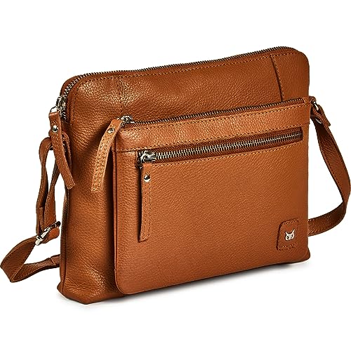 Wise Owl Accessories Small Soft Pebbled Real Leather Crossbody Handbags Purses Triple Zip Premium Sling Crossover Shoulder Bag for Women Gift (Cognac Nappa)