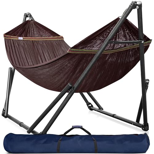 Tranquillo Double Hammock with Stand Included for 2 Persons/Foldable Hammock Stand 600 lbs Capacity Portable Case - Inhouse, Outdoor, Camping, Brown