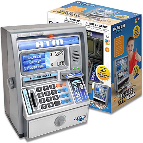 Dr. STEM Toys Kids Talking ATM Machine Savings Piggy Bank with Digital Screen, Electronic Calculator That Counts Real Money, and Safe Box for Kids, Silver