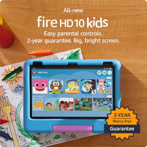 Amazon Fire 10 Kids tablet- 2023, ages 3-7 | Bright 10.1' HD screen with ad-free content and parental controls included, 13-hr battery, 32 GB, Blue