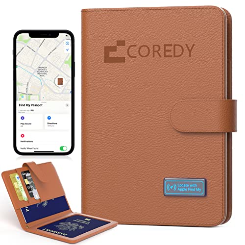 Coredy Passport Holder with Bluetooth Tracker, Works with Apple Find My (iOS Only), Worldwide Locate Passport Cover, Sound & LED Lights Indicator, 3-Year Long Battery Life, Travel Essentials, Brown