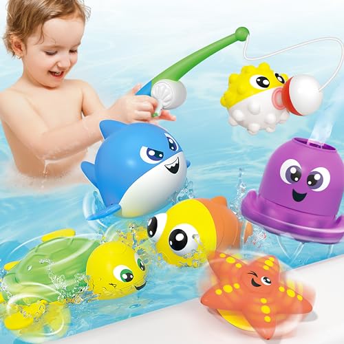 JOYIN Baby Bath Toy Set - Magnetic Fishing Toy with Fishing Rod, Mold-Free Soft Puffer & Clown Fish, Spinning Octopus and Starfish, Wind-up Shark and Turtle - Sensory Development for Infants & Toddler