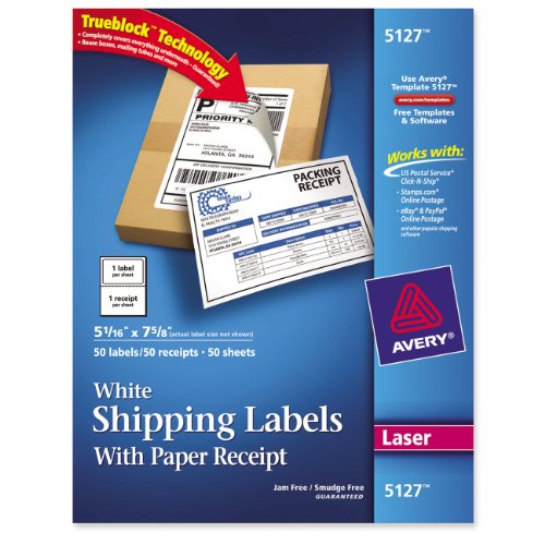 Avery Printable Shipping Labels with Paper Receipts, 5-1/16' x 7-5/8', White, 50 Blank Mailing Labels (5127)