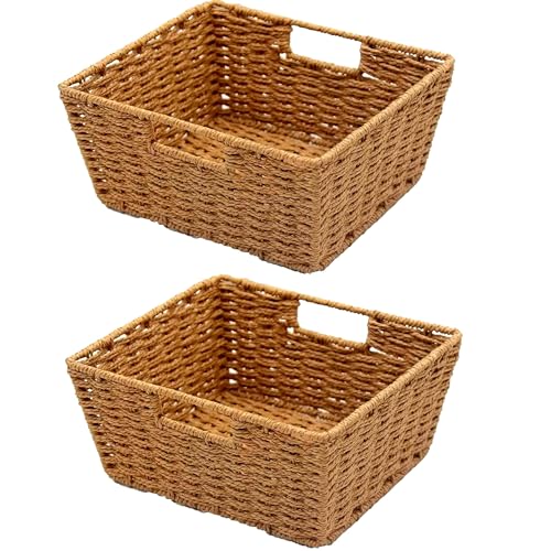 KOVOT Woven Wicker Storage Baskets with Built-in Carry Handles - 9.75'L x 8.5'W x 4.5'H (2-Pack)