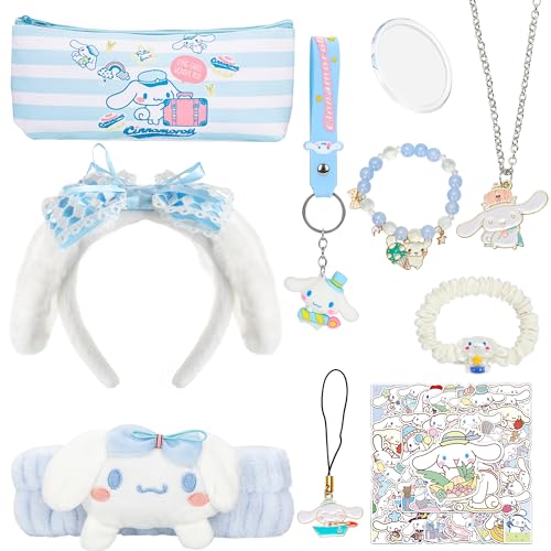 Betpleyu Cinnamoro Accessories Kawaii Cinnamoro Dog Gift Set 50 Stickers 3 Different Hairbands 1 Bracelet 1 Keychain 1 Mirror and 1 Makeup Bag for Birthday Party Favors Girls Women Gifts