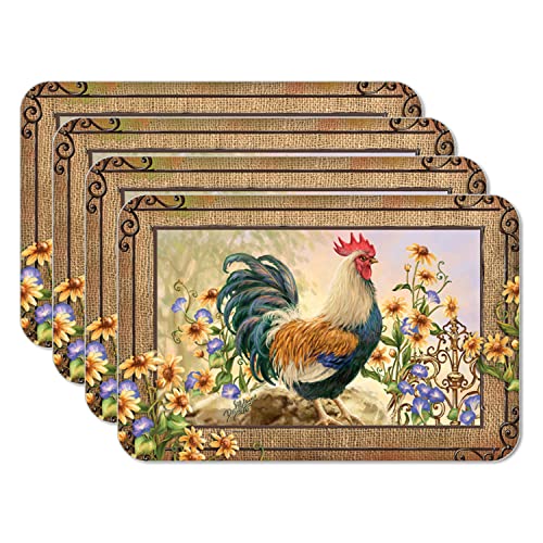 Counterart Country Charm Rooster 4 Pack Reversible Easy Care Flexible Plastic Placemats Made in the USA BPA Free PVC Free Easily Wipes Clean