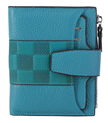 AINIMOER Women's RFID Blocking Leather Small Compact Bi-fold Zipper Pocket Wallet Card Case Purse with id Window (Stitched Sky Blue)