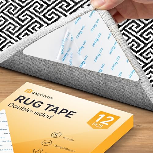 Daisyhome 12 PCS Rug Tape, Rug Pad Gripper for Hardwood Floors, Double Sided Adhesive Carpet Tape, Reusable Anti Slip Rug Grips for Area Rugs to Keep Rugs in Place