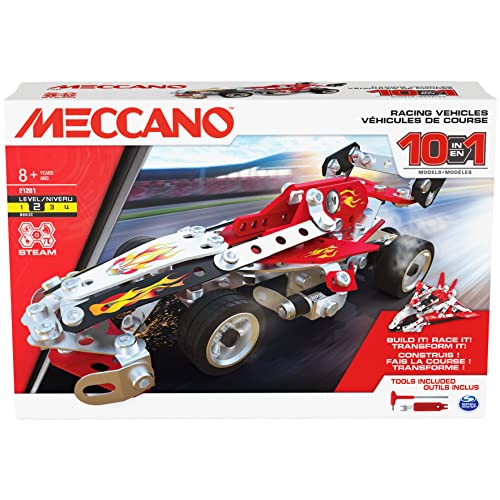 Meccano, 10-in-1 Racing Vehicles STEM Model Building Kit with 225 Parts and Real Tools, Kids Toys for Ages 8 and up